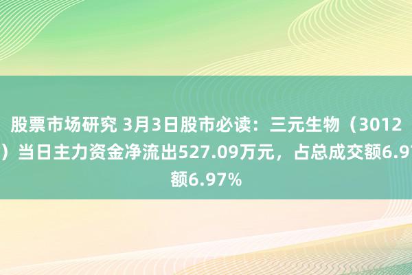 股票市场研究 3月3日股市必读：三元生物（301206）当日主力资金净流出527.09万元，占总成交额6.97%