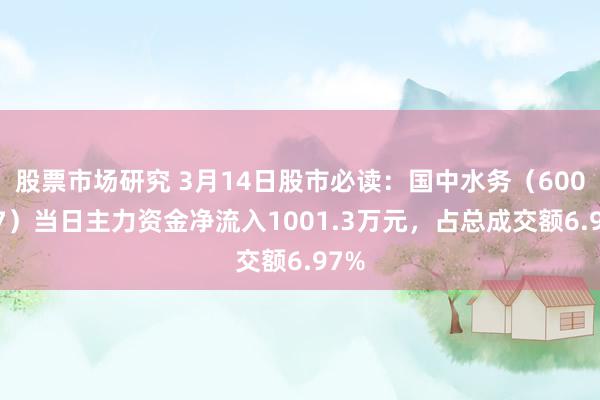 股票市场研究 3月14日股市必读：国中水务（600187）当日主力资金净流入1001.3万元，占总成交额6.97%