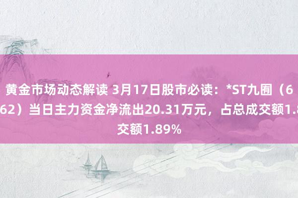 黄金市场动态解读 3月17日股市必读：*ST九囿（600462）当日主力资金净流出20.31万元，占总成交额1.89%